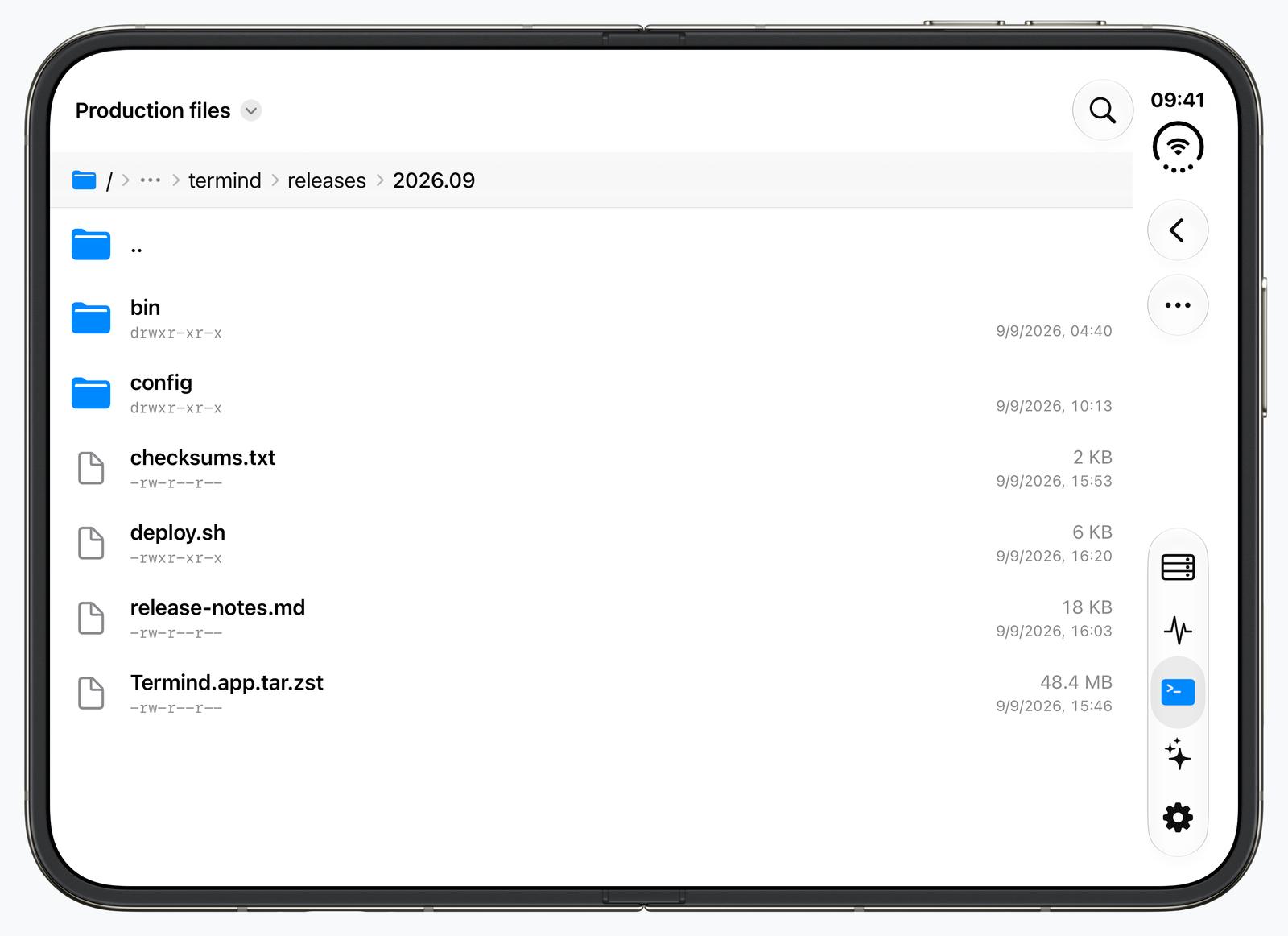 SFTP file browser on the unfolded iPhone Duo